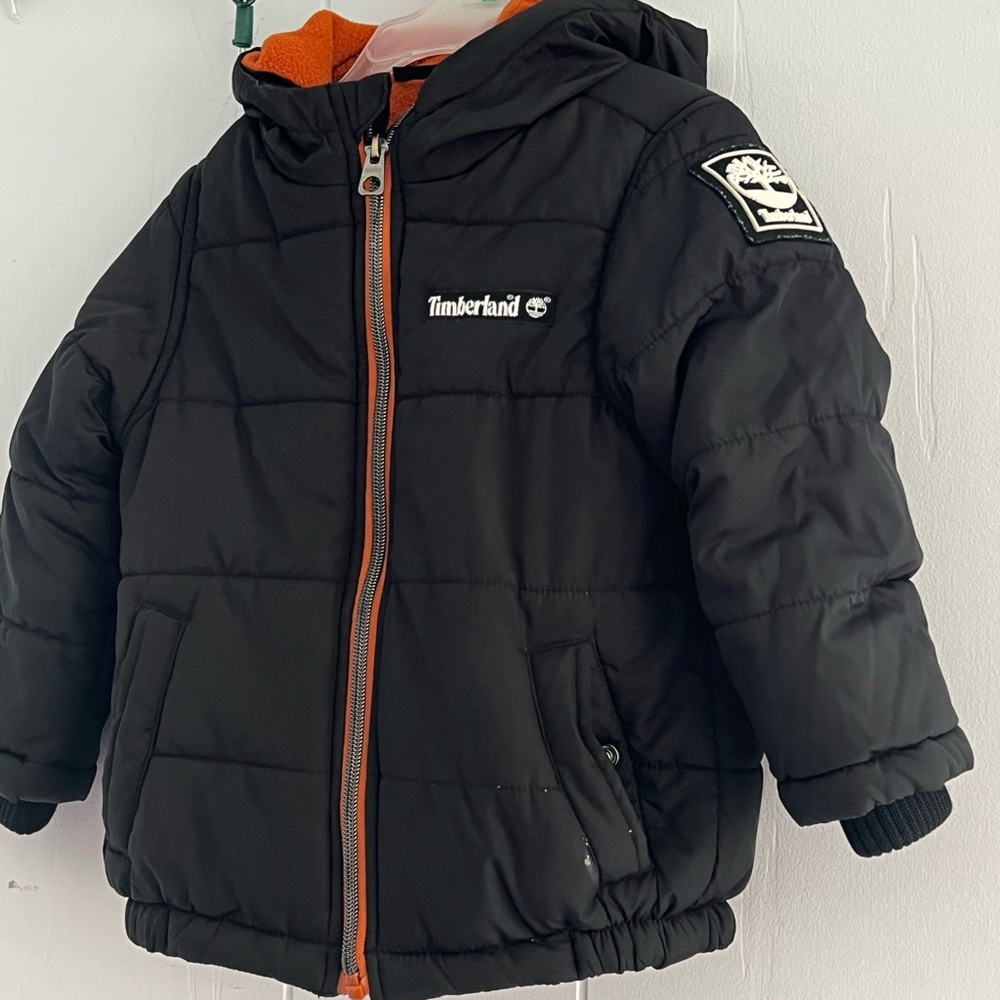Timberland Black Puffer Jacket with Orange Interior and Snow bib included
